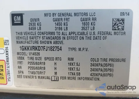 2015 GMC Acadia Slt-1 z USA, uszkodzony, nr VIN 1GKKVRKD7FJ182754